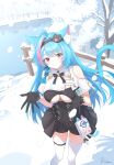  1girl absurdres animal_ear_fluff black_gloves black_skirt black_unitard blue_hair breasts closed_mouth clothing_cutout colored_eyelashes commentary_request gloves hair_intakes hands_up highres large_breasts light_blush long_hair mint_(neverness_to_everness) multicolored_hair neverness_to_everness outdoors pink_eyes richou_(17758124) shoulder_cutout showgirl_skirt signature single_bare_shoulder skirt smile snowing solo streaked_hair tail thighhighs thighs white_thighhighs 