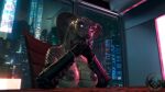 3d_(artwork) 5_fingers absurd_res anthro armwear armwear_only big_breasts bottomless breasts brown_body brown_scales chair city city_background city_skyline cityscape clothed clothed_anthro clothed_female clothing cobra cybernetics cyborg digital_media_(artwork) female fingers furniture hi_res humanoid_hands inside leaning_on_table lights looking_at_viewer machine mostly_nude multicolored_body multicolored_scales neon_lights night nipples on_chair pink_eyes reptile sab_(petruz) scales scalie sitting sitting_on_chair smile snake solo table xpasha122x