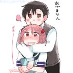  1boy 1girl admiral_(kancolle) black_hair blue_sailor_collar blush brown_eyes clipboard commentary_request dated hug hug_from_behind izumiyamisono kantai_collection nose_blush pink_eyes pink_hair sailor_collar sailor_shirt sazanami_(kancolle) school_uniform serafuku shirt short_hair simple_background twitter_username upper_body white_background white_shirt 