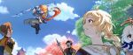  1girl 4boys aether_(genshin_impact) ahoge armor black_boots black_gloves black_hair black_shirt blonde_hair blue_scarf blue_sky boots bow_(weapon) braid branch bright_pupils brown_hair cape cherry_blossoms clenched_hand cloud cloudy_sky crystal_hair_ornament day earrings faceless faceless_male floating_cape flying full_body gem genshin_impact gloves gold_trim grey_hair grey_jacket grey_pants hair_between_eyes hair_ornament halo hashtag-only_commentary highres holding holding_bow_(weapon) holding_polearm holding_weapon jacket jewelry long_hair long_sleeves looking_at_another looking_back looking_to_the_side low-braided_long_hair low-tied_long_hair male_focus mechanical_halo multiple_boys no_eyes orange_eyes orange_hair outdoors paimon_(genshin_impact) pants pauldrons polearm puffy_long_sleeves puffy_sleeves red_cape red_gem romper scarf scenery shirt shokun_2 short_hair short_sleeves shoulder_armor single_braid single_earring sky spear tartaglia_(genshin_impact) teeth tree upper_body weapon wet white_pupils white_romper white_scarf 