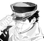  1boy adjusting_clothes adjusting_headwear closed_mouth crema_525 golden_kamuy hat highres male_focus peaked_cap scar scar_on_face scarf shirt short_hair short_sideburns sideburns simple_background smile solo sugimoto_saichi white_background 