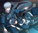  1boy 1girl absurdres black_dress black_hair black_shirt blue_jacket blush colored_inner_hair commentary couch crossed_bangs cup disposable_cup dress ellen_joe english_commentary fins fish_tail green_eyes grey_hair hair_between_eyes hairband hand_on_another's_tail highres indoors jacket looking_to_the_side lying lying_on_lap maid_headdress metal_hairband mole mole_under_eye multicolored_hair nunvora on_couch on_side one_eye_closed razor_blade_hair_ornament red_eyes red_nails scar scar_on_tail shark_girl shark_tail shirt short_hair sitting spiked_headband sweat tail wise_(zenless_zone_zero) zenless_zone_zero 