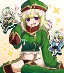  +++ 1girl ahoge araga_kiwi black_panties black_thighhighs blue_coat chibi chibi_inset closed_eyes coat commentary_request double_bun green_hair green_hat green_jacket green_sailor_collar green_skirt hair_bun hat heart highres holding holding_phone jacket leoparde_(mahou_shoujo_ni_akogarete) long_hair looking_at_viewer mahou_shoujo_ni_akogarete military_hat o3o open_mouth panties phone pleated_skirt purple_eyes ryusei_wuraha sailor_collar selfie shirt simple_background skirt sleeves_past_fingers sleeves_past_wrists smile thighhighs underwear white_shirt yellow_background yellow_jacket 