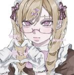  1girl aegyo_sal apron artist_name barbell_piercing blonde_hair bow caru_c1 closed_mouth commentary ear_piercing eyebrow_piercing face_piercing four-finger_heart_hands glasses gloves gyaru hair_between_eyes hair_bow hair_ornament hairclip heart heart_hands highres hime_gyaru industrial_piercing long_hair looking_at_viewer maid maid_apron maid_headdress original parted_bangs piercing pink-framed_eyewear pink_eyes polka_dot polka_dot_bow portrait semi-rimless_eyewear simple_background solo twintails untranslatable_commentary white_background white_gloves 