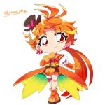  1boy antenna_hair arm_up artist_name bare_legs black_hat blonde_streaks blush boots brooch capelet chibi chibi_only coattails commentary cropped_jacket crossed_legs cure_wing earrings frilled_shorts frills full_body gloves hair_ornament hand_on_own_chest hat hirogaru_sky!_precure jacket jewelry long_hair looking_at_viewer low_ponytail magical_boy male_focus mini_hat mini_top_hat multicolored_hair open_clothes open_jacket orange_boots orange_capelet orange_eyes orange_gloves orange_hair orange_jacket orange_shorts orange_vest ponytail precure puffy_short_sleeves puffy_sleeves red_ribbon ribbon short_sleeves shorts signature simple_background smile soboro_(jitome_dan) solo sphere_earrings split_mouth streaked_hair tailcoat thick_eyebrows tilted_headwear top_hat trap twitter_username v-shaped_eyebrows very_long_hair vest white_background wing_brooch wing_hair_ornament yuunagi_tsubasa 