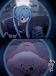  !? 1girl absurdres black_eyes blue_hair blue_jacket blue_necktie blue_panties blue_skirt blurry blurry_background blush body_writing bodypaint clitoris closed_mouth clothes_lift collared_shirt commentary_request do_you_want_to_pet_my_cat_(meme) eyepatch hatsune_miku highres jacket ladder lifting_own_clothes long_hair long_sleeves meme miniskirt monitoring_(vocaloid) navel necktie panties panty_pull peephole pleated_skirt pov_peephole pulling_own_clothes pussy_juice shirt skirt skirt_lift stepladder sweat translation_request twintails uncensored underwear unnunal_(unneonal) v-shaped_eyebrows vocaloid white_shirt 