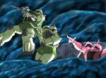  commentary fineitogel gun gundam hashtag-only_commentary highres holding holding_gun holding_weapon mecha mobile_suit mobile_suit_gundam one-eyed pointing red_eyes robot weapon zaku_ii zaku_ii_s_char_custom zeon 