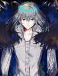  1boy alternate_hair_color arthropod_boy bangs black_hair blue_eyes bug butterfly cape collared_shirt commentary_request crown diamond_hairband fate/grand_order fate_(series) fur_collar fur_trim highres kasudegomenna long_sleeves looking_at_viewer male_focus medium_hair no_wings oberon_(fate) official_alternate_costume shirt solo spoilers white_shirt 