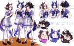  3girls animal_ears black_hair blue_eyes blue_hair blush bow bowtie braid breasts brown_hair cesario_(umamusume) chibi closed_eyes closed_mouth commentary_request crown_braid ear_bow ear_covers ear_ribbon hair_between_eyes hair_ornament half_up_braid horse_ears horse_girl horse_tail jagaimobeniko katsuragi_ace_(umamusume) long_hair medium_breasts multicolored_hair multiple_girls open_mouth pleated_skirt ponytail puffy_short_sleeves puffy_sleeves purple_bow purple_bowtie purple_eyes purple_shirt sailor_collar sailor_shirt school_uniform shirt short_hair short_sleeves skirt smile solid_circle_eyes special_week_(umamusume) streaked_hair tail tassel tassel_hair_ornament thighhighs tracen_school_uniform two-tone_hair umamusume white_hair white_sailor_collar white_skirt white_thighhighs 