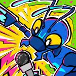 1:1 2024 abstract_background album_cover ambiguous_gender ant antennae_(anatomy) anthro arthropod black_eyes blue_body cover eek_(eekanant) eekanant electronics english_description facial_markings gesture hand_gesture head_markings hi_res holding_microphone holding_object hymenopteran insect mandibles markings microphone multicolored_antennae pointing pointing_up pupils solo white_pupils yellow_sclera