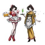  1girl absurdres alcohol beer beer_mug bow brown_hair commentary_request cup gloves highres holding holding_cup holding_tray japanese_clothes kimono maid meitantei_conan mug multiple_girls multiple_views open_mouth pink_bow pink_gloves ponytail tkc_(tkoshinchan) tooyama_kazuha tray wa_maid waitress waving yellow_kimono 