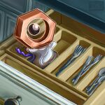  alternate_color cable commentary drawer english_commentary fork highres meltan metal_skin no_humans nut_(hardware) one-eyed open_drawer pokemon pokemon_(creature) pokemon_focus shiny_pokemon solo spoon swainathan 