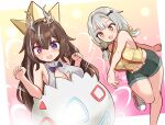  2girls antlers armpits auri_lunami bare_shoulders black_bow blue_bow blue_eyes blue_shorts bow braid breasts brown_hair cleavage_cutout clothing_cutout cosplay cougar_(cougar1404) crescent crescent_cutout crescent_hair_ornament crown denim denim_shorts embarrassed freckles hair_bow hair_ornament heterochromia highres horns indie_virtual_youtuber large_breasts long_hair low_twintails medium_hair midriff misty_(pokemon) misty_(pokemon)_(cosplay) mole mole_on_breast multicolored_hair multiple_girls multiple_hair_bows navel open_mouth pokemon purple_eyes red_shoes ribbed_sweater second-party_source shee_icho shoes shorts sleeveless sleeveless_sweater star-shaped_pupils star_(symbol) streaked_hair suspender_shorts suspenders sweater symbol-shaped_pupils tank_top togepi togepi_(cosplay) twintails virtual_youtuber white_hair yellow_bow yellow_eyes yellow_tank_top 