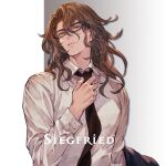  1boy adjusting_clothes adjusting_necktie brown_eyes brown_hair closed_mouth collared_shirt glasses granblue_fantasy highres long_hair looking_at_viewer male_focus minaba_hideo necktie official_alternate_costume official_art shirt siegfried_(granblue_fantasy) smile solo upper_body white_shirt 