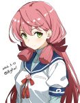  1girl absurdres akashi_(kancolle) bigkwl blue_sailor_collar blunt_tresses blush breasts closed_mouth commentary dated dated_commentary green_eyes hair_between_eyes hair_ribbon highres kantai_collection long_hair looking_at_viewer medium_breasts one-hour_drawing_challenge pink_hair red_ribbon ribbon sailor_collar school_uniform serafuku shirt short_sleeves simple_background smile solo tress_ribbon twitter_username upper_body white_background white_shirt 