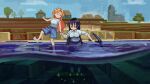  2girls absurdres barefoot black_hair blonde_hair blue_shorts blue_sky character_request collared_shirt copyright_request highres holding holding_pickaxe long_hair looking_down minecraft multiple_girls no_mouth outdoors parted_bangs partially_underwater_shot pickaxe rlsvd shirt shorts sky standing standing_on_one_leg water 