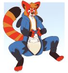 ageplay ailurid anthro black_tail blue_onesie bodily_fluids clothed clothing controller diaper fangs front_view fur gaming genital_fluids glistening glistening_eyes gradient_background hardscales hi_res holding_controller holding_object infantilism male male_anthro mammal markings mouth_closed onesie open_onesie orange_body orange_eyes orange_fur orange_tail playing_video_game red_panda red_tail red_tongue roleplay simple_background sitting solo striped_markings striped_tail stripes tail tail_markings teeth tongue tongue_out unclean_diaper urine used_diaper wearing_diaper wet_diaper white_body white_fur