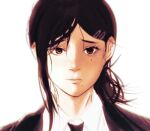  1girl black_hair black_necktie black_suit brown_eyes chainsaw_man chromatic_aberration commentary english_commentary hair_ornament hairclip higashiyama_kobeni highres light_frown mole mole_under_eye mole_under_mouth multiple_moles necktie ponytail profilicnekro raised_inner_eyebrows solo straight-on suit 