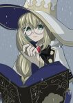  1girl absurdres aesc_(fate) aesc_(rain_witch)_(fate) blonde_hair blue_eyes book braid fate/grand_order fate_(series) glasses hat highres holding koma315ht long_hair long_sleeves looking_at_viewer outdoors rain reading round_eyewear smile solo white_hat witch_hat 