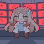  1girl amelia_(trickcal) backlighting blue_shirt braid brown_pantyhose chibi chibi_only commentary_request crescent crescent_hat_ornament frown full_body green_eyes hands_in_pockets hat_ornament korean_commentary long_hair monyami pantyhose pointy_ears screen_light shirt sign solo trickcal upper_body warning_sign 