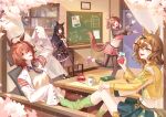  4girls absurdres agnes_tachyon_(tach-nology)_(umamusume) agnes_tachyon_(umamusume) ahoge animal_ears black_coat black_gloves black_hair black_leggings black_necktie black_pantyhose black_shirt black_shrug black_skirt blush book bookshelf braid breasts brown_eyes brown_hair chalkboard checkered_ribbon chemical_structure cloz_(kindness9710) coat coffee coffee_mug collared_shirt commentary_request cup dantsu_flame_(center_spotlight)_(umamusume) dantsu_flame_(umamusume) drink_carton ear_covers ear_ornament ear_ribbon ear_tag earrings food food_in_mouth gloves green_socks hair_between_eyes hair_ornament hairclip half_up_braid half_up_half_down_braid highres holding holding_cup holding_juice_box holding_test_tube horse_ears horse_girl horse_tail jacket jam_(umamusume) jewelry juice_box jungle_pocket_(champion's_battle_cry)_(umamusume) jungle_pocket_(umamusume) lab_coat large_breasts leggings leggings_under_shorts long_bangs long_hair long_hair_between_eyes long_sleeves manhattan_cafe_(creeping_shadow)_(umamusume) manhattan_cafe_(umamusume) medium_breasts medium_hair midriff mug multicolored_hair multiple_girls navel necktie open_clothes open_mouth pantyhose pink_shorts pocky pocky_in_mouth red_eyes shirt short_necktie shorts shrug_(clothing) single_earring single_loose_sock skirt sleeves_past_fingers sleeves_past_wrists small_breasts smile socks sweater sweater_vest tail teeth test_tube tied_shirt umamusume umamusume:_beginning_of_a_new_era upper_teeth_only white_coat white_hair yellow_eyes yellow_jacket yellow_necktie yellow_sweater yellow_sweater_vest 
