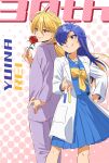  2girls blonde_hair blue_eyes blue_serafuku blue_skirt bow character_name commentary_request cover cover_page doujin_cover flower gakuran grin hair_between_eyes hair_over_one_eye hand_on_own_hip highres himoo_yuina holding holding_flower ijuuin_rei james_(jms-pnt) lab_coat long_hair multiple_girls ponytail rose school_uniform serafuku skirt smile tokimeki_memorial tokimeki_memorial_1 very_long_hair vial yellow_bow yellow_eyes 