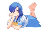  1girl barefoot blue_eyes blue_hair bow commentary_request crossed_arms hair_over_one_eye head_rest highres himoo_yuina james_(jms-pnt) kirameki_high_school_uniform_(summer) long_hair long_skirt looking_at_viewer lying on_stomach sailor_collar school_uniform serafuku skirt smile smirk socks solo striped_collar the_pose tokimeki_memorial tokimeki_memorial_1 white_background yellow_bow 
