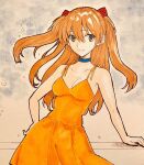  1girl bare_shoulders blue_eyes breasts collarbone commentary_request day dress hair_between_eyes hair_ornament interface_headset_(evangelion) long_hair looking_at_viewer marker_(medium) medium_breasts n0lilica neon_genesis_evangelion orange_hair outdoors paper_texture sky sleeveless sleeveless_dress smile solo souryuu_asuka_langley standing sundress traditional_media two_side_up 