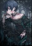  1boy annoyed bishounen black_hair blood blue_eyes blurry blurry_background blurry_foreground border bridal_gauntlets choker ciel_phantomhive closed_mouth collarbone commentary_request crossdressing crossdressing_(mtf) crossed_ankles dress earrings feet fingernails fishnet_bridal_gauntlets frilled_sleeves frills frown full_body furrowed_brow geppeiumasugi grass green_dress green_pantyhose hair_over_one_eye hand_on_own_chin head_rest hickey highres indian_style jewelry juliet_sleeves kuroshitsuji lace lace-trimmed_dress lace-trimmed_sleeves lace_bridal_gauntlets lace_choker lace_trim leaning_forward long_sleeves looking_at_viewer male_focus no_shoes nosebleed one_eye_closed outdoors palmar_flexion pantyhose puffy_sleeves short_hair sidelocks sideways_glance sitting small_sweatdrop solo stud_earrings torn_clothes torn_pantyhose transparent_border trap tree twitter_username two-tone_dress 
