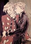  2boys absurdres black_jacket black_necktie blush bracelet braid chocolate closed_eyes clothing_cutout commentary_request curtains earrings feeding food fruit giorno_giovanna high_collar highres jacket jewelry jojo_no_kimyou_na_bouken ladybug_brooch long_hair long_sleeves male_focus multiple_boys necktie okokoro_zaiku one_eye_closed pannacotta_fugo pants red_jacket red_pants single_braid smile strawberry vento_aureo wing_ornament yaoi 
