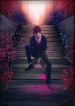  1boy bottle broken_glass business_suit commentary_request day flower formal full_body glass highres krw_iu000 looking_at_viewer male_focus necktie original outdoors prosthesis prosthetic_arm red_necktie solo stairwell straight-on suit wine_bottle 