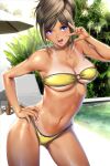 1girl bare_shoulders bikini blue_eyes breasts brown_hair chair cleavage hand_on_hip highres large_breasts long_hair looking_at_viewer lounge_chair navel open_mouth original saigado smile solo strapless strapless_bikini swimsuit tan tanlines tongue tongue_out v_over_eye water 