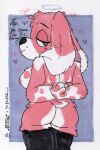 absurd_res anthro beagle black_clothing black_legwear breasts butt canid canine canis clothing dialogue domestic_dog drawing female floppy_ears fur hands_behind_back hi_res hunting_dog legwear looking_at_viewer mammal mootsncompany pink_body pink_fur purple_eyes rose_(mootsncompany) scent_hound side_boob simple_background sketch smile smiling_at_viewer solo stockings thigh_highs traditional_media_(artwork)