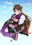  1boy 1girl absurdres artist_name black_gloves blue_background blue_sky blunt_bangs braid brown_eyes brown_hair ccrispy cherry_blossoms chinese_clothes closed_mouth cloud cloudy_sky commission couple earrings english_commentary falling_petals from_side genshin_impact gloves gradient_hair hair_between_eyes hair_ornament head_on_chest hetero highres hug japanese_clothes jewelry light_blush light_smile long_braid looking_down looking_to_the_side low_ponytail mitsudomoe_(shape) mole mole_under_eye multicolored_hair one_eye_closed petals pink_lips ponytail purple_eyes purple_hair raiden_shogun single_braid sky suit tomoe_(symbol) upper_body watermark wavy_hair zhongli_(genshin_impact) 