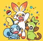 2_toes 3_fingers 3_toes ambiguous_gender blue_body blue_eyes blue_markings blush brown_body brown_markings brown_tail buckteeth cheek_spots cheek_tuft chromatic_aberration confetti curled_tail digital_media_(artwork) ear_markings elemental_creature facial_markings facial_tuft fangs feet feral fingers flora_fauna frill_(anatomy) fur generation_8_pokemon gloves_(marking) green_body grey_eyes grookey group head_crest head_frill head_markings hi_res jumping lagomorph leg_markings looking_at_viewer mammal markings nintendo open_mouth open_smile orange_body orange_eyes orange_fur orange_markings paws plant pokeball pokemon pokemon_(species) primate scalie scorbunny signature simple_background sitting smile sobble socks_(marking) standard_pokeball star starter_trio tail tail_markings teeth toes trio tuft white_body white_fur wolfwithwing yellow_background yellow_body yellow_fur yellow_markings