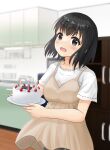  1girl absurdres black_eyes black_hair blurry blurry_background blush bob_cut brown_dress cake candle commentary_request dress food highres holding holding_cake holding_food indoors k1kojima looking_at_viewer original shirt short_hair short_sleeves solo suzunatsu_ichiha white_shirt 