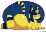  2022 absurd_res animal_crossing ankha_(animal_crossing) anthro big_breasts big_butt blue_body blue_fur blue_hair breast_squish breasts butt domestic_cat felid feline felis female fur hair hi_res huge_breasts huge_butt lying mammal nintendo nude on_front short_stack side_boob side_view solo squish thick_thighs ultrastax video_games yellow_body yellow_fur 