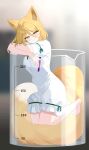  1girl absurdres animal_ears barefoot beaker blonde_hair blush breasts chimi_(s2yuyukos2) closed_mouth commentary fluffy_tail fox_ears fox_girl fox_tail full_body green_ribbon hair_between_eyes highres holding holding_test_tube in_container kudamaki_tsukasa looking_at_viewer medium_breasts medium_hair mini_person minigirl ribbon romper sleeve_ribbon smile solo tail test_tube toes touhou white_romper yellow_eyes 