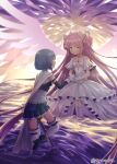  2girls absurdres blue_eyes blue_hair blue_skirt blue_sleeves bow cape commentary_request dress gem gloves hair_bow hair_ribbon highres holding holding_hands holding_sword holding_weapon kaname_madoka long_hair magical_girl mahou_shoujo_madoka_magica mahou_shoujo_madoka_magica:_hangyaku_no_monogatari miki_sayaka miki_sayaka_(magical_girl) multiple_girls pink_hair red_gem ribbon short_hair skirt smile soul_gem suraneku sword thighhighs twintails two_side_up ultimate_madoka very_long_hair wading watermark weapon white_dress white_gloves wings yellow_eyes 