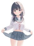  1girl ass_visible_through_thighs black_hair blush bow breasts closed_mouth clothes_lift commentary_request crop_top cropped_shirt duplicate grey_eyes grey_sailor_collar grey_skirt hair_bow hair_over_shoulder lifting_own_clothes long_sleeves looking_at_viewer low_twintails midriff mimikaki_(men_bow) navel neckerchief original pink_bow pink_neckerchief pixel-perfect_duplicate pleated_skirt puffy_long_sleeves puffy_sleeves sailor_collar school_uniform see-through_silhouette serafuku shirt simple_background skirt skirt_hold skirt_lift sleeves_past_wrists small_breasts smile solo twintails white_background white_shirt 