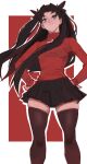  1girl animal_hands black_ribbon black_skirt blue_eyes border breasts brown_hair brown_thighhighs closed_mouth cowboy_shot english_commentary fate/stay_night fate_(series) floating_hair hair_ribbon highres long_hair long_sleeves looking_at_viewer medium_breasts miniskirt outside_border pleated_skirt red_background red_sweater ribbon sidelocks simple_background skirt smile solo standing sweater thighhighs tohsaka_rin turtleneck turtleneck_sweater two_side_up white_border zettai_ryouiki 