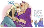 2026 anthro anthro_on_anthro antlers biped blonde_hair blue_antlers blush boss_monster_(undertale) bovid breasts brown_body brown_fur caprine carol_holiday clothing crop_top deer deltarune dialogue digital_media_(artwork) duo english_text eyes_closed female female/female fur goat hair hi_res horn interspecies kiss_mark_on_belly kiss_mark_on_breast kiss_mark_on_face kissing mammal manglestar midriff new_world_deer reindeer shirt slightly_chubby slightly_chubby_anthro slightly_chubby_female tan_body tan_fur text topwear toriel undertale_(series)
