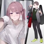  1boy absurdres bag black_pants blush brown_hair cellphone_photo closed_mouth collared_shirt commentary_request crossdressing crossdressing_(mtf) flower green_necktie green_sweater grey_jacket guitar_case highres instrument_case jacket looking_at_viewer male_focus necktie original pants purple_eyes school_bag school_uniform selfie shirt shoes short_hair shoulder_bag simple_background small_sweatdrop sneakers sweater trap twintails white_background white_hair white_shirt wig yellow_shoes zurui_ninjin 