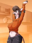 absurd_res anthro bottomwear brown_body brown_fur brown_hair clothed clothed_anthro clothed_female clothing crop_top eyes_closed eyewear female front_view fur giraffe giraffid glasses hair hi_res janacantdraw mammal midriff open_mouth pants raised_arm round_glasses shirt solo stretching sweater topwear turtleneck wide_hips yawn