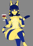 animal_crossing ankha_(animal_crossing) anthro black_nails black_nose blue_body blue_eyes blue_fur blue_hair bottom_heavy breasts choker colored_nails crossed_legs dipstick_ears domestic_cat ear_markings eyelashes featureless_breasts felid feline felis female front_view fur grey_background hair hi_res holding_glass holding_object jewelry korbaen mammal markings multicolored_ears nails navel necklace nintendo short_hair simple_background solo striped_markings striped_tail stripes tail tail_markings thick_thighs whiskers wide_hips yellow_body yellow_fur