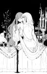  2girls apple backless_dress backless_outfit bang_dream! bang_dream!_it's_mygo!!!!! candelabra candle candlestand cup dress drinking_glass earrings food fruit greyscale highres jewelry kiss kissing_cheek long_hair medium_hair misumi_uika monochrome multiple_girls on_table pankoryo purple_eyes spill spot_color table togawa_sakiko two_side_up vase wine_glass yellow_eyes yuri 