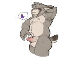 anthro armpit_tuft balls blush blush_lines bodily_fluids canada_lynx disney djako_hyena eggplant_emoji felid feline genitals hi_res lynx male mammal nipples nude pawbert_lynxley penis raised_arm simple_background solo speech_bubble standing tears zootopia