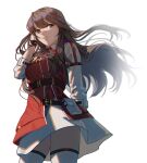  1girl arm_behind_back belt belt_buckle belt_pouch black_belt brown_hair buckle center-flap_bangs chinese_commentary closed_mouth commentary_request detached_collar dress from_above grey_eyes hair_ornament heroine_(lovebrush_chronicles) jacket jiemuye long_hair long_sleeves looking_at_viewer lovebrush_chronicles medium_dress official_alternate_costume pouch red_jacket sidelocks sleeve_garter sleeveless sleeveless_jacket smile solo standing thighhighs tucking_hair white_dress white_thighhighs wristband x_hair_ornament 