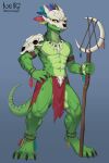 absurd_res bone bone_mask bottomwear clothing feathers hi_res lean_body lean_muscle lihzahrd lizard loincloth male mask nello_the_tiger reptile scalie skull skull_mask solo staff terraria witch_doctor_(terraria) yellow_eyes