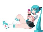  1girl aqua_eyes aqua_hair black_skirt breasts cellphone cropped_shirt hair_ornament hashtag-only_commentary hatsune_miku highres long_hair monster_l_(hochihochiha) nail_polish phone print_shirt shirt shoes skirt smartphone sneakers socks solo twintails underboob vocaloid white_socks 